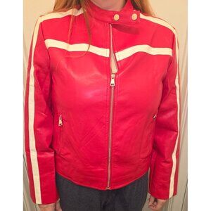Women's Red Faux Leather Zip Up Moto Biker Y2K Racing Bomber Jackets